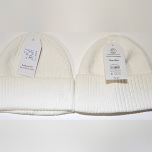 Time And True Lot of 2 White Coordinate Beanies Winter Caps One size NWT